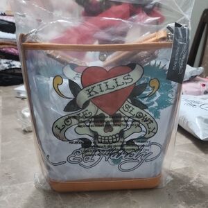 NWT Ed Hardy Skull and Heart Tote with Orange Trim